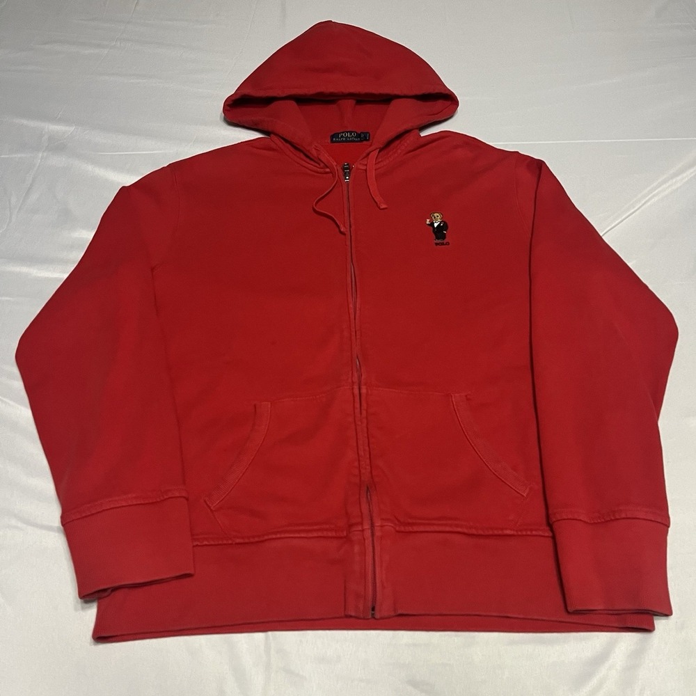 Polo Ralph Lauren Hoodie Mens XL Red full-zip fleece Tuxedo Bear Martini